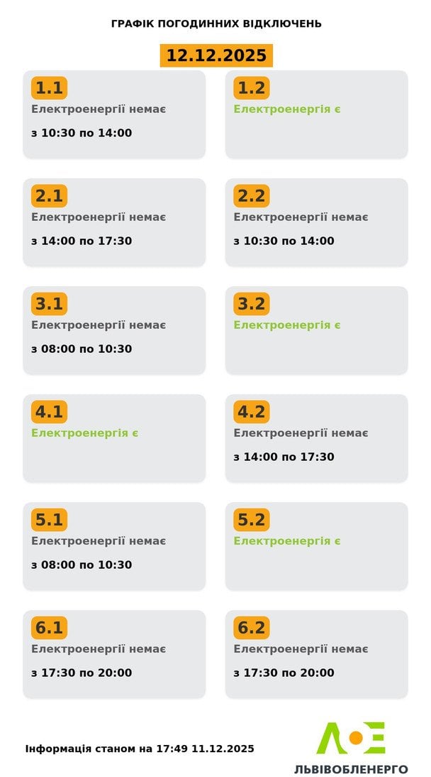 Графік відключення світла на Львівщині 12 грудня