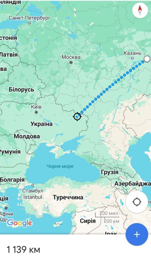 Відстань на мапі від кордону України до місця атаки по Татарстану