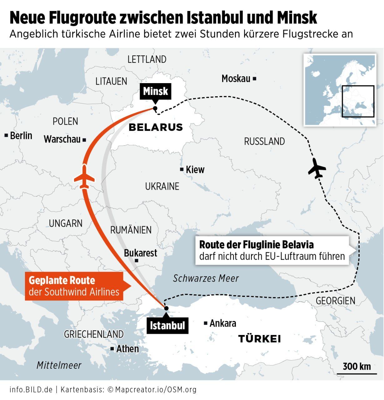 Мапа нового авіасполучення між Стамбулом та Мінськом / Фото: Bild / © 