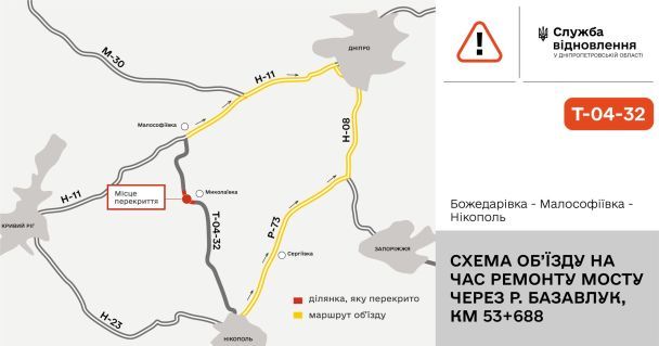 У Дніпропетровській області перекриють трасу Т-04-32 Божедарівка - Малософіївка - Нікополь