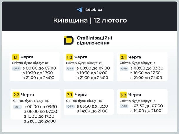 График отключения света на Киевщине 12 февраля / © ДТЕК