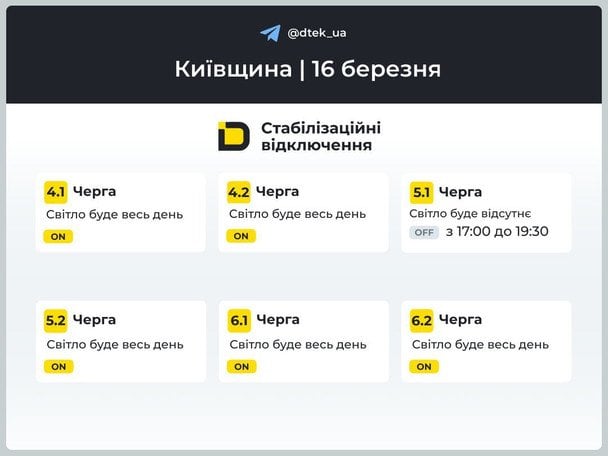 Графік відключень на Київщині / © ДТЕК