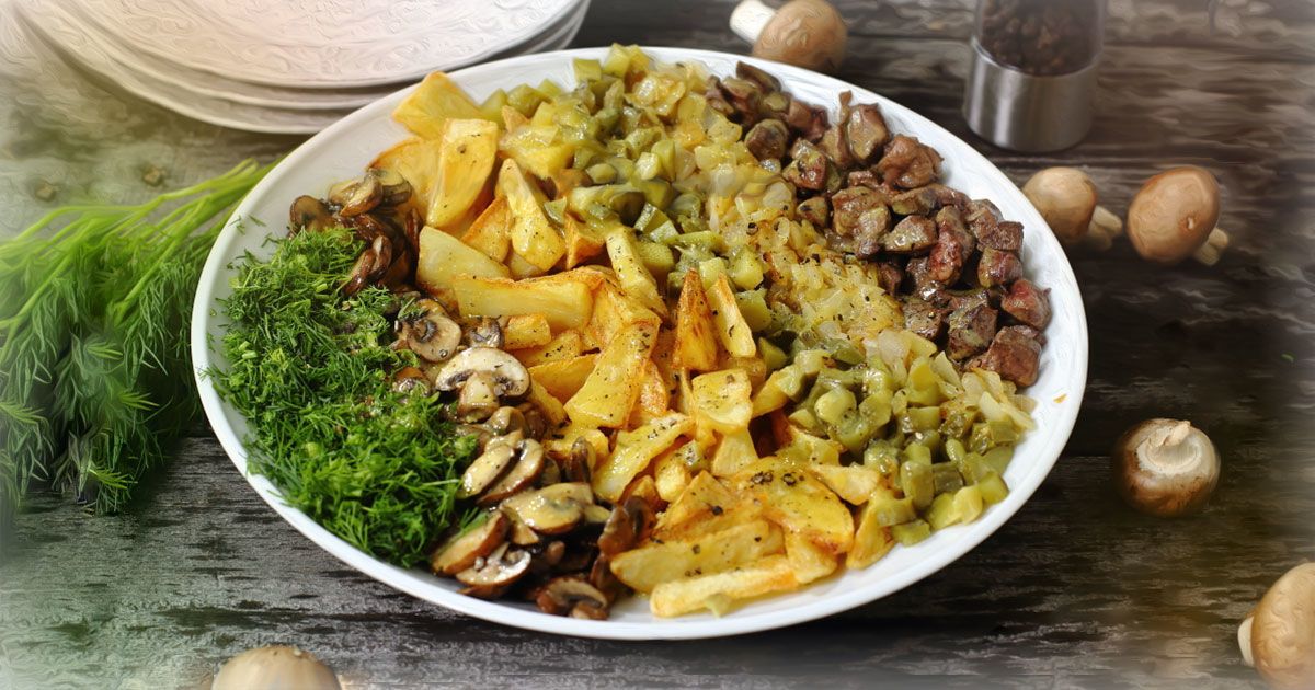 Салат з печінкою, грибами та хрусткою картоплею