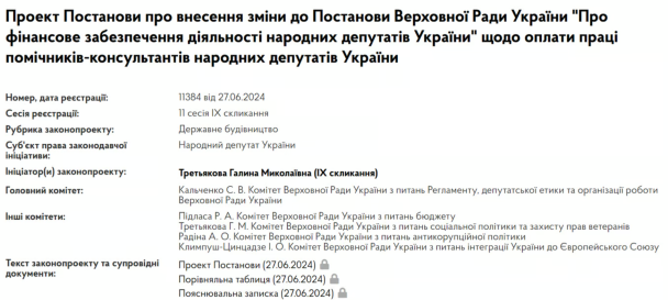 Проєкт постанови про підвищення зарплат помічникам нардепів