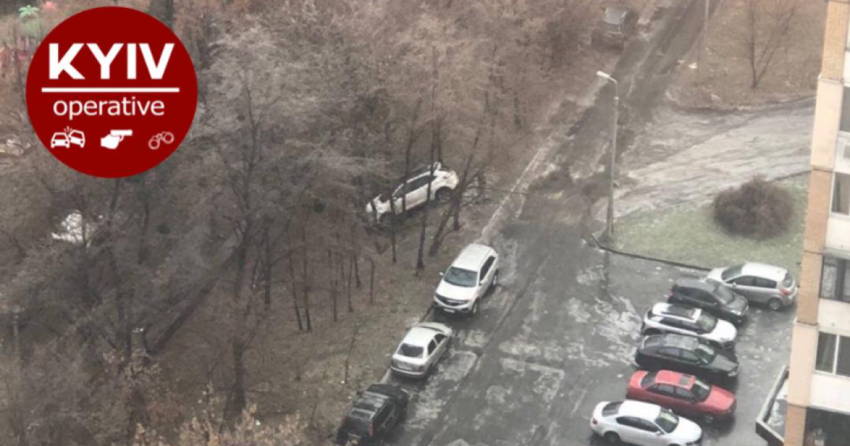 Каток на придомовых дорогах Киева: один автомобиль въехал в дерево, еще один — вылетел с дороги (фото)