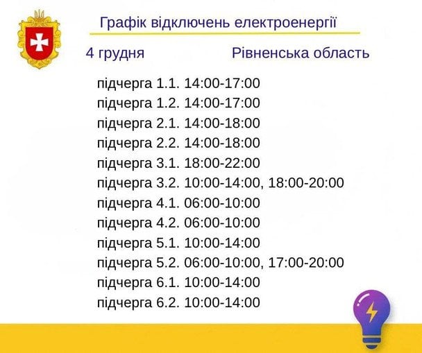 Графік відключення світла на Рівненщині 4 грудня