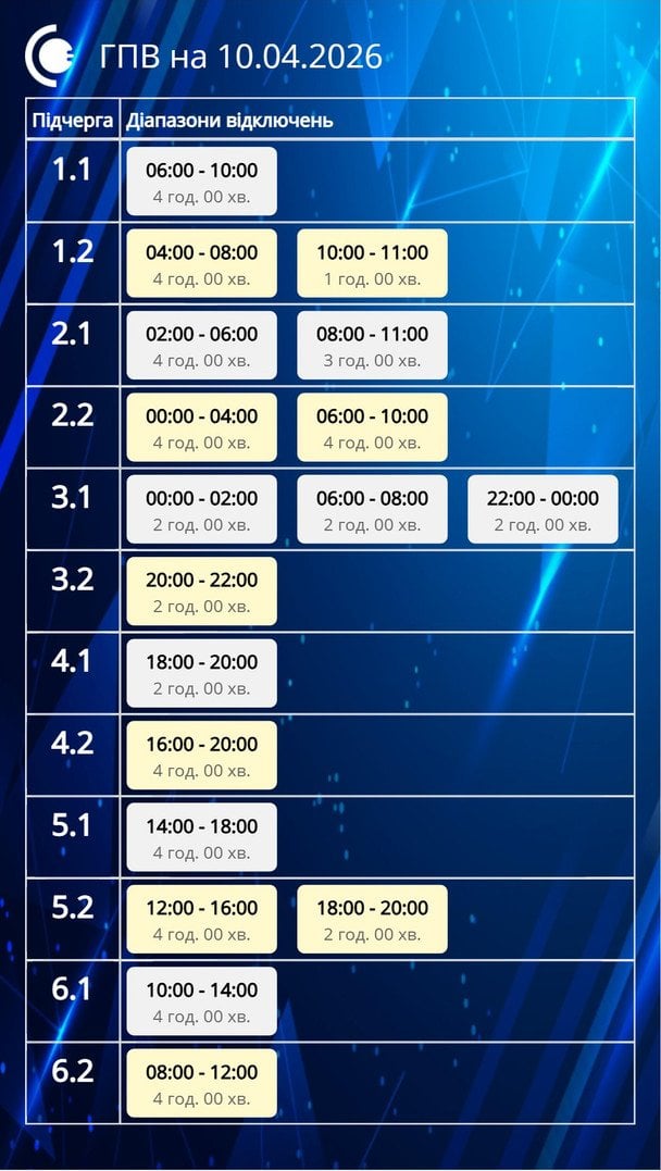 Графік відключення світла в Сумській області