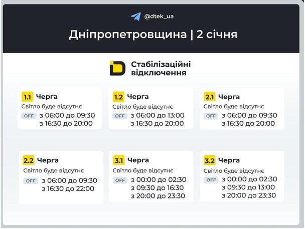 Графік відключення світла на Дніпропетровщині 2 січня / © ДТЕК