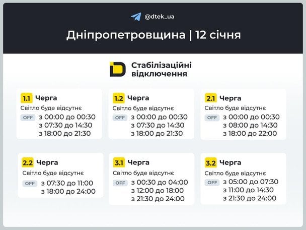 Графика отключений в Днепропетровской области 12 января. / © ДТЕК