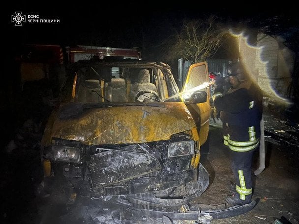 На Чернігівщині через падіння російського дрона горіли будинок та автівка / © Управління ДСНС у Чернігівській області