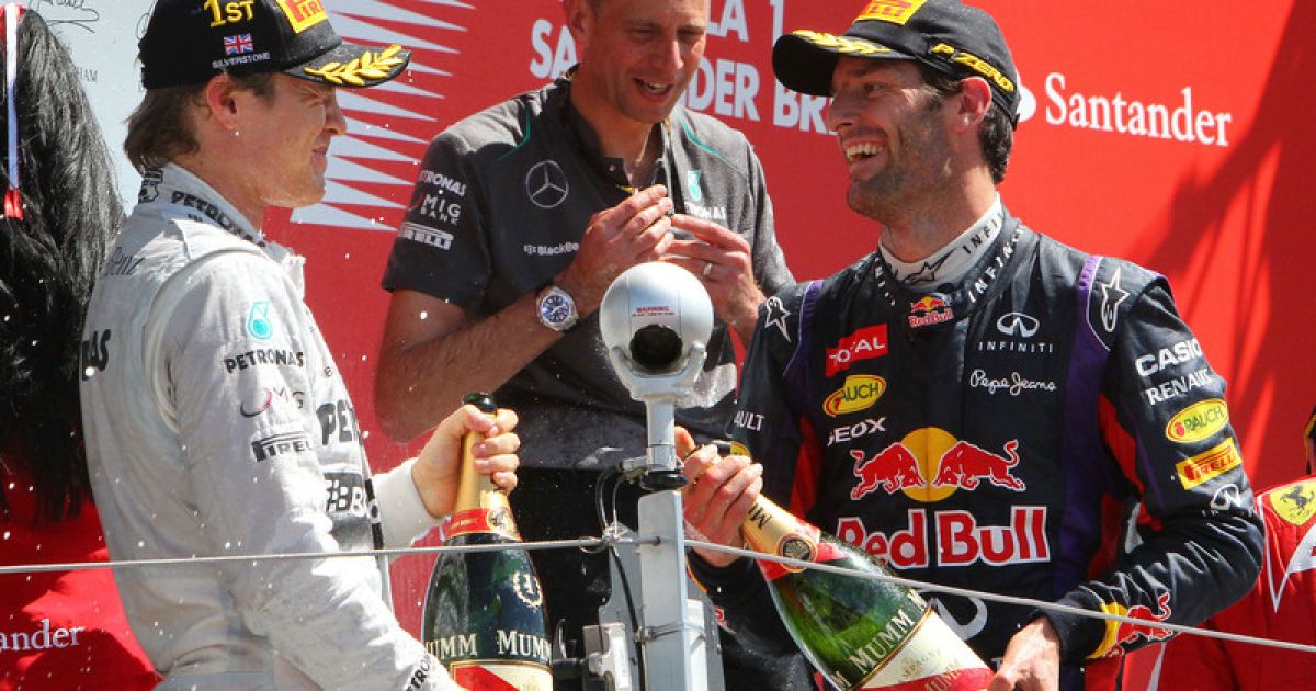 Ніко Росберг та Марк Веббер святкують на Гран-Прі Великобританії