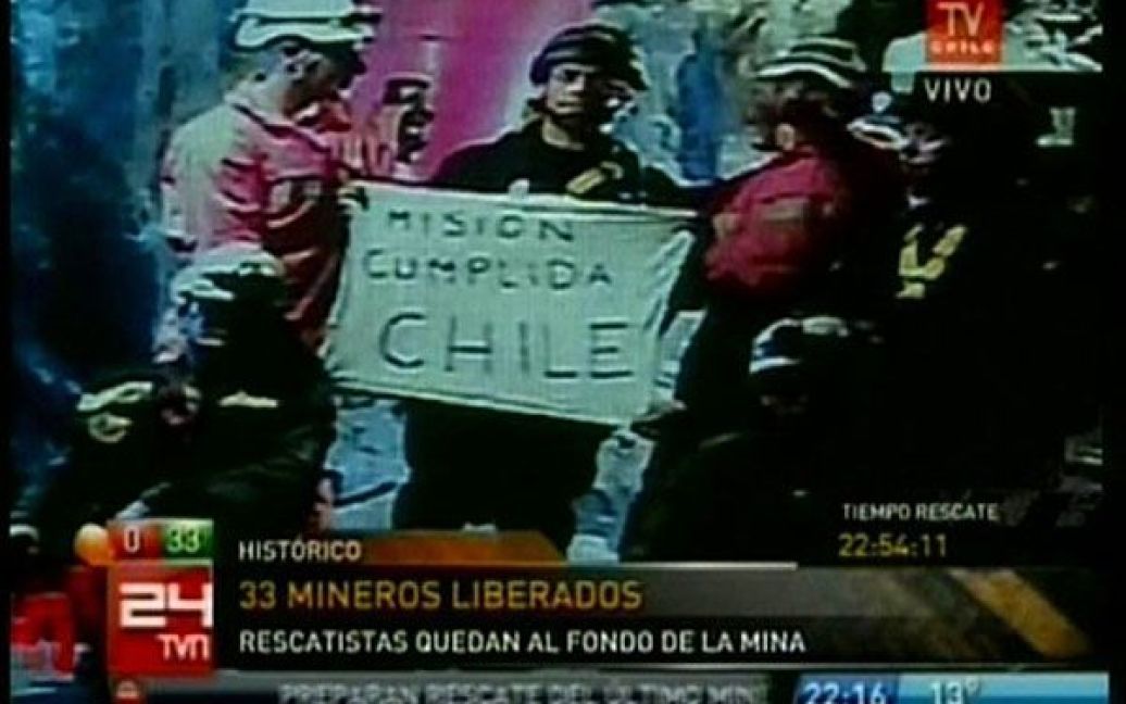 Рятувальники у шахті тримають плакат "Місію виконано, Чилі" після того, як останнього з 33 гірників було піднято на поверхню / © AFP