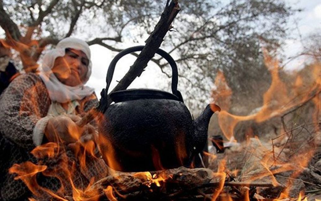 Кабатія. Палестинська жінка готує чай на відкритому вогні під час відпочинку у збиранні оливок у селі Кабатія, неподалік від міста Дженін на Західному березі. / © AFP
