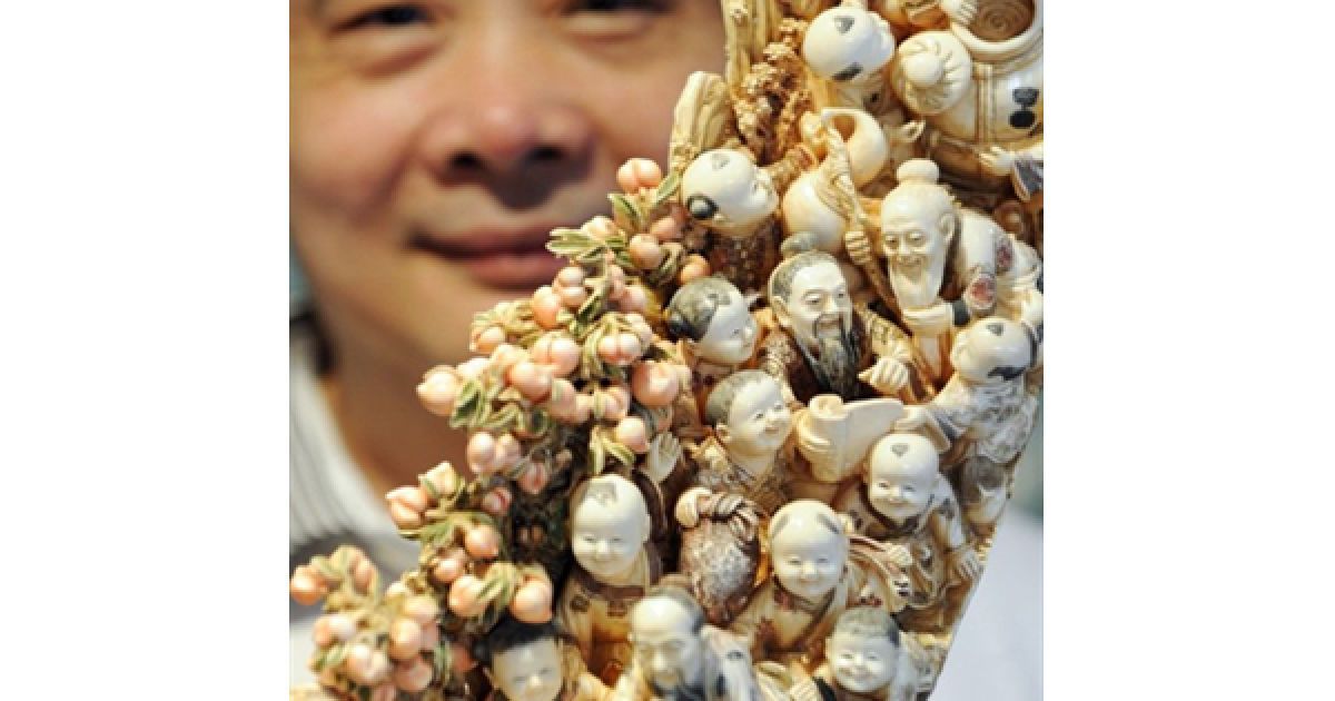 Співробітник китайської ювелірної компанії Prestige Crafts Чу Шінг виставив на аукціон бивень мамонта, вздовж якого вирізані сцени з життя буддистів, китайські пейзажі та навіть еротичні сцени. / © AFP