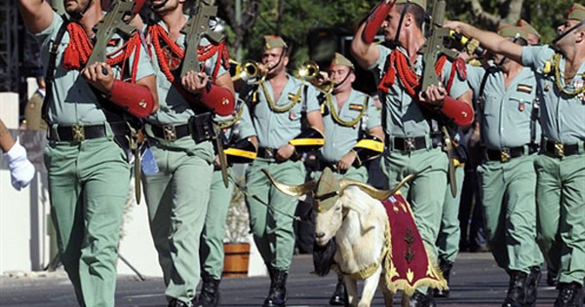Іспанія, Мадрид. Коза, яка є талісманом іспанського Легіону, разом із солдатами бере участь у параді під час святкування Національного дня Іспанії у Мадриді. / © AFP