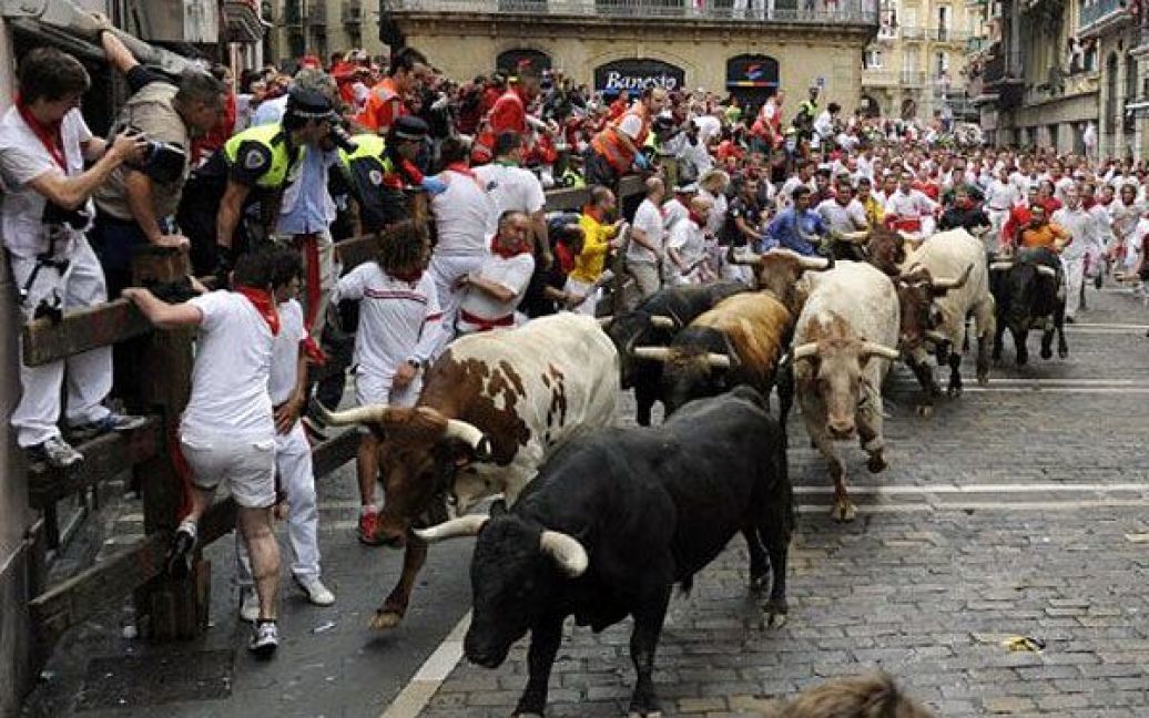 На щорічному 9-денному фестивалі вина та биків Сан-Фермін, який протягом 400 років проводять в іспанському місті Памплона, провели перші забіги з биками. / © AFP