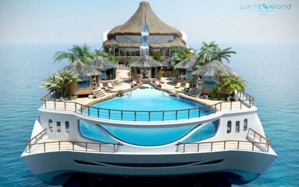 Розкішна 90-метрова яхта-острів Tropical Island Paradise Superyacht з пляжем, басейном і вулканом. / © 
