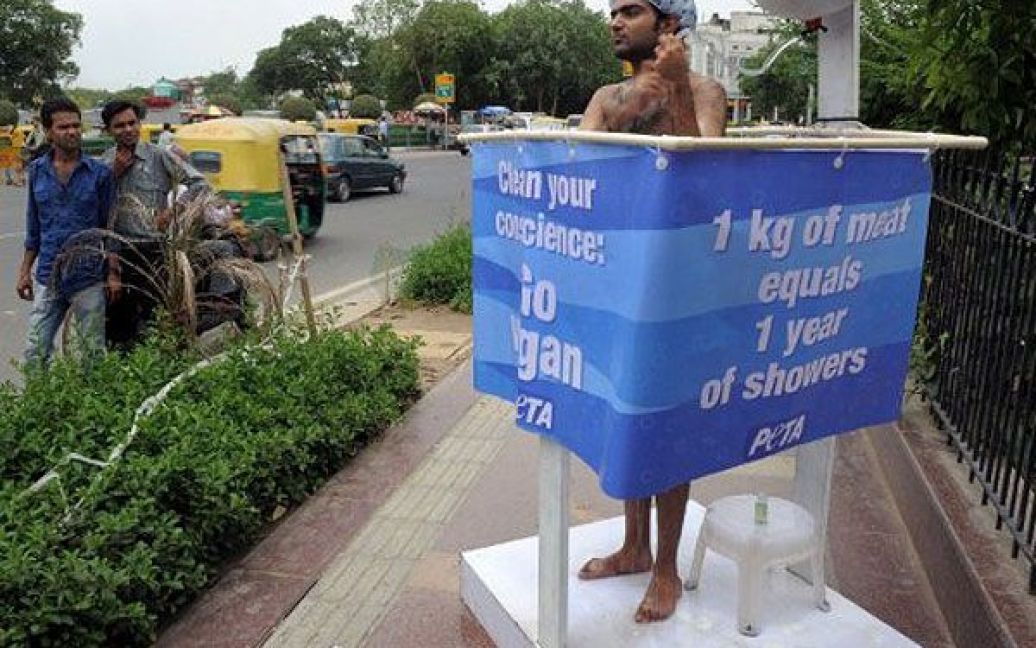 Індія, Нью Делі. Активіст з руху "Люди за етичне поводження з тваринами" (PETA) приймає душ на узбіччі дороги в Нью-Делі. Він намагався привернути увагу до того, що люди, які вживають м&#039;ясо, використовують більше води, ніж вегетаріанці. / © AFP
