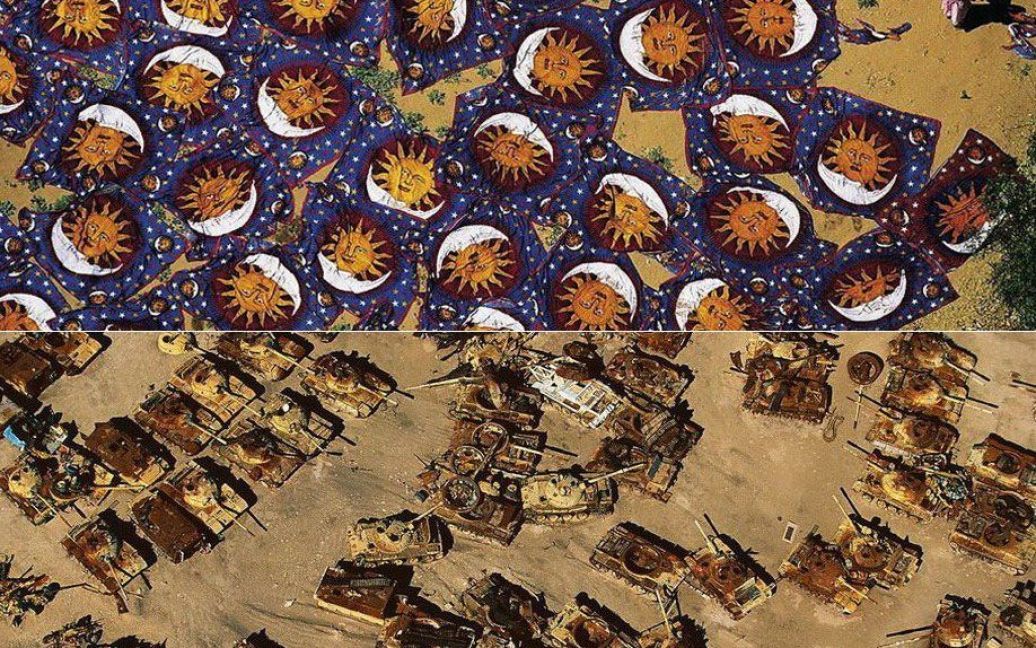Вгорі: сушка свіжопофарбованих килимів у місті Джайпур
Внизу: кладовище іракських танків в пустелі Кувейта. / © Yann Arthus-Bertrand