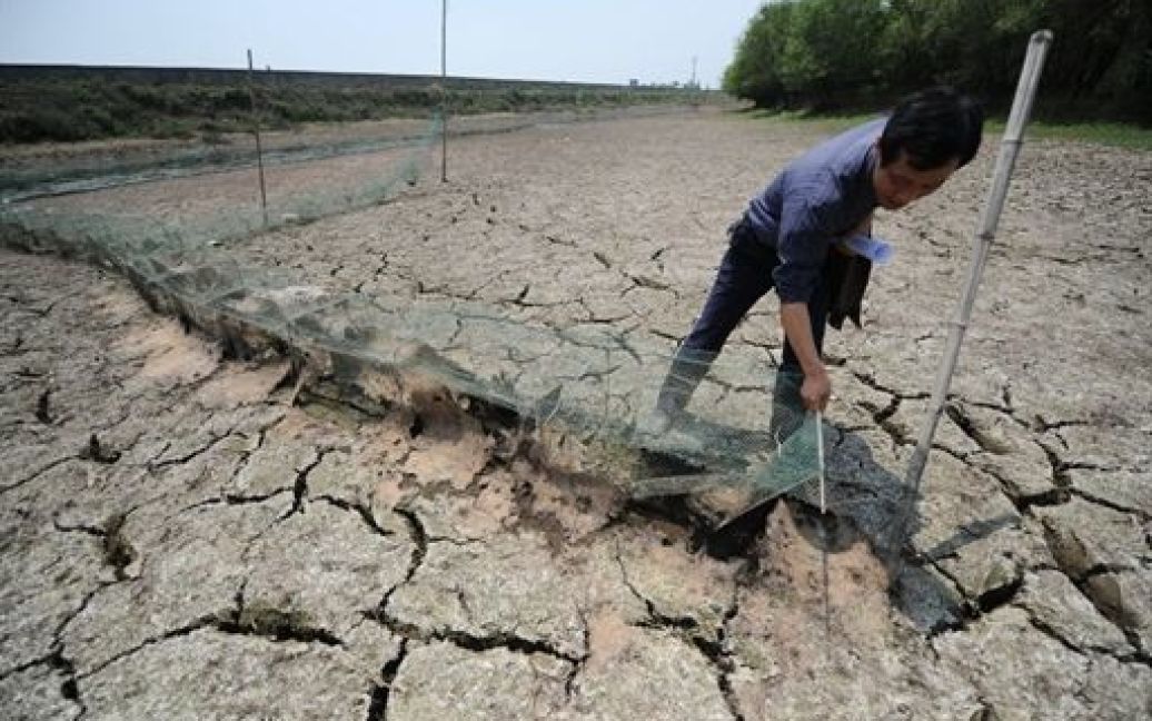 Катий, Юшку. Китайський рибалка знімає свою сіть на висохлому березі річки Янцзи, найдовшої річки Китаю, рівень води в якій впав на 40 відсотків нижче середнього. Китай потерпає від найсильнішої за останні 50 років посухи. / © AFP