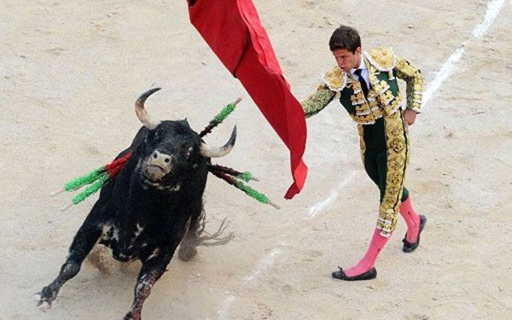 Франція, Нім. Іспанський матадор Ель Хулі змагається з биком з майстерень "Нуньєс дель Кувільо" під час ферії на честь П&#039;ятидесятниці в Німі, на півдні Франції. / © AFP