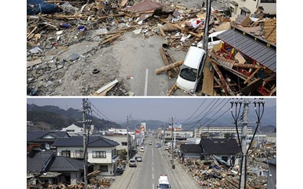 Японія, Офунато. На верхньому знімку &mdash; дорога у місті Офунато, зруйнована цунамі і вкрита сміттям, 14 березня 2011, через три дні після руйнівного цунамі. На нижньому знімку &ndash; дорогу розчистили від сміття 15 квітня 2011. / © AFP