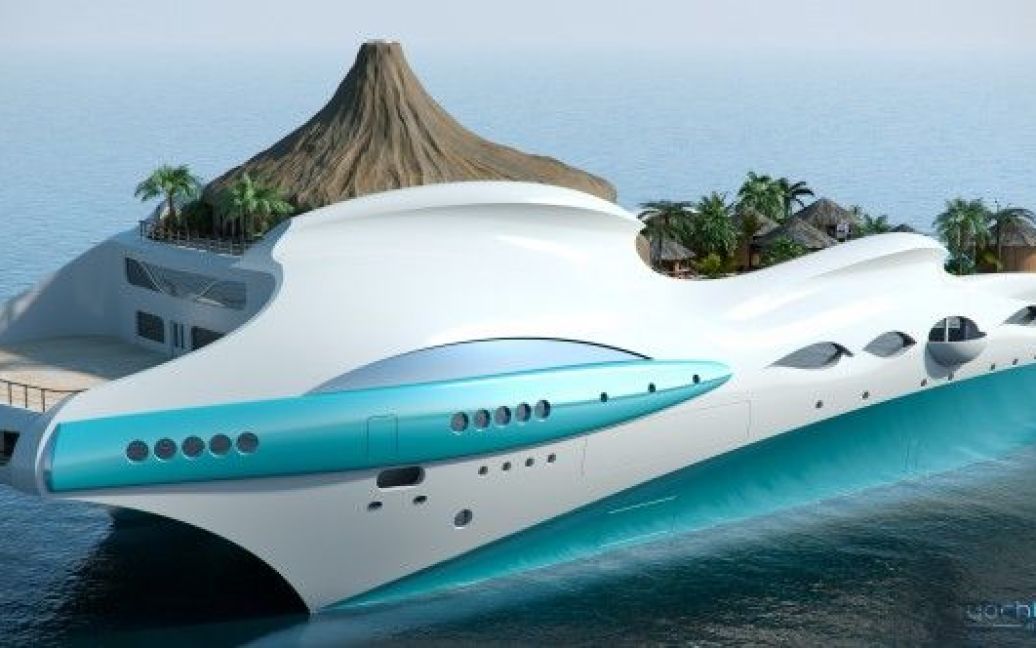 Розкішна 90-метрова яхта-острів Tropical Island Paradise Superyacht з пляжем, басейном і вулканом. / © 
