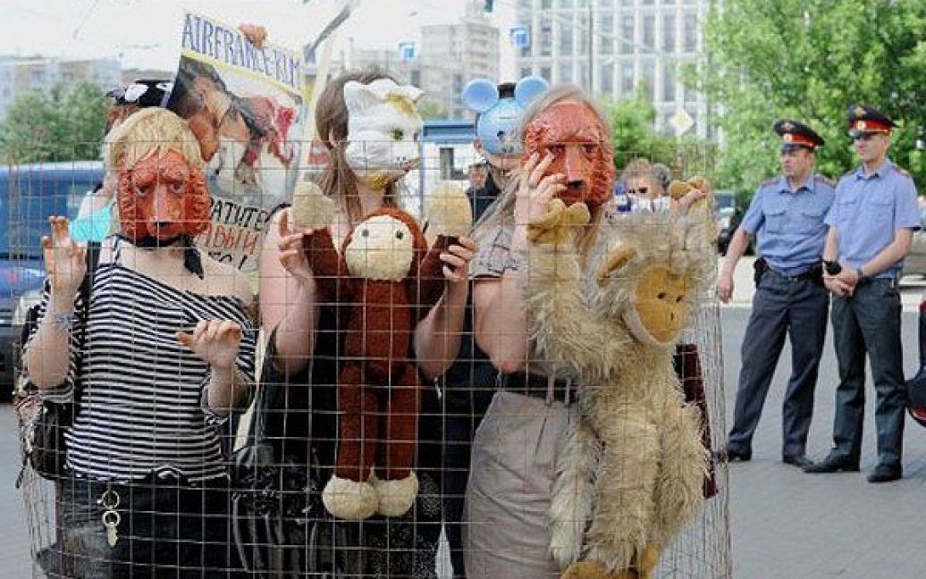 Росія, Москва. Російські захисники тварин провели в Москві акцію протесту проти перевезення лабораторних тварин для експериментів компанією Air France-KLM. / © AFP
