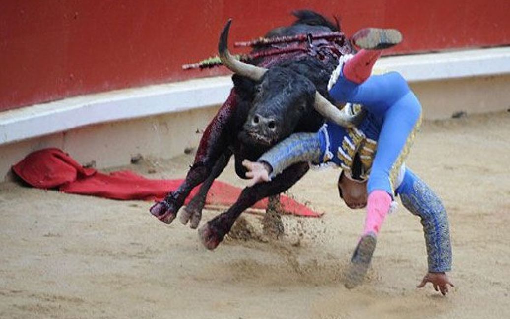 Іспанія, Памплона. Іспанського матадора Ель Сіда збиває бик з заводу "El Pilar" під час кориди на фестивалі Сан-Фермін в Памплоні. / © AFP