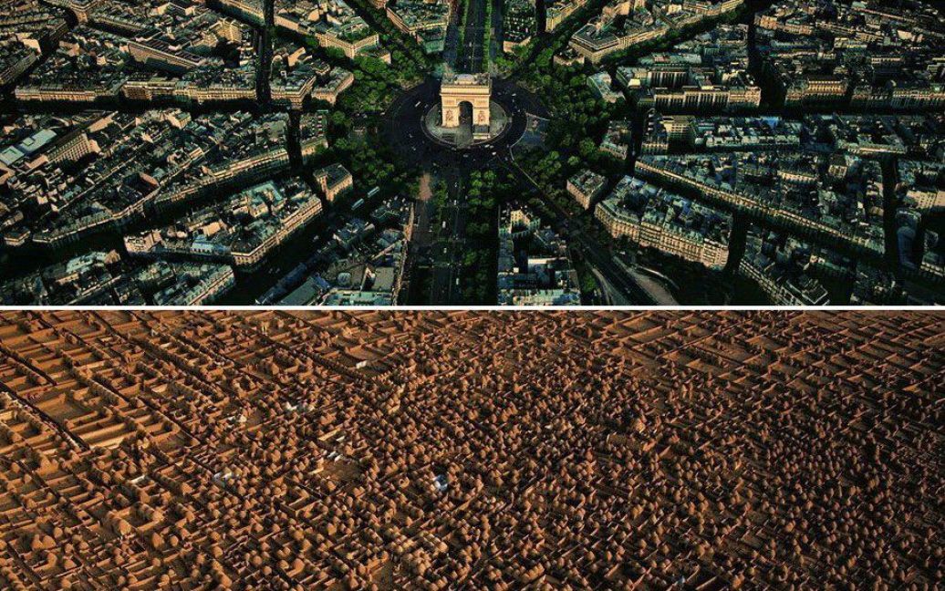 Вгорі: площа Шарля де Голля в Парижі.
Внизу: кладовище в Асьюті. Єгипет. / © Yann Arthus-Bertrand