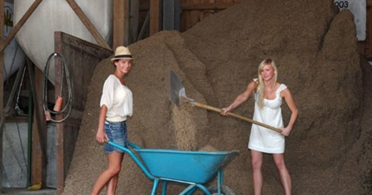 Німеччина. Кадельсхофен. Дівчата позують з тачкою під час фотосесії для нового календаря "Дружин баварських та австрійських фермерів 2012" на фермі поблизу Ульма. Шість моделей взяли участь у новій зйомці для календаря, який буде опублікований осінню 2011 року. / © AFP