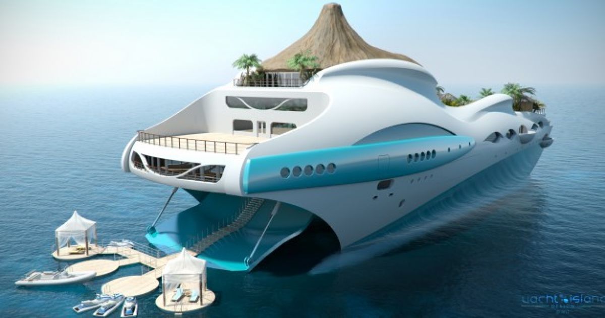 Розкішна 90-метрова яхта-острів Tropical Island Paradise Superyacht з пляжем, басейном і вулканом.