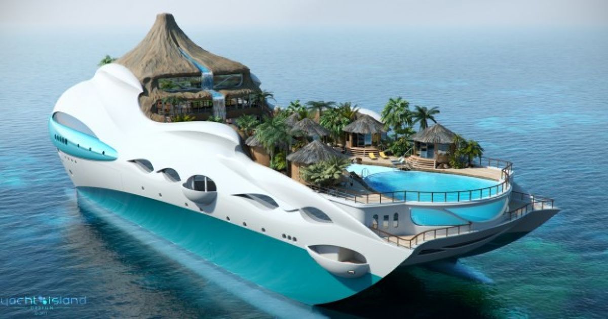 Розкішна 90-метрова яхта-острів Tropical Island Paradise Superyacht з пляжем, басейном і вулканом.