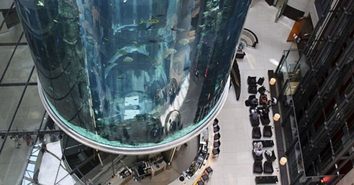 Німеччина, Берлін. Аквалангісти чистять величезний акваріум "AquaDom", який встановили у лобі готеля Radisson Blu в центрі Берліна. Акваріум вміщає близько 1 млн літрів води, в ньому мешкають приблизно 1500 тропічних риб. Всередині акваріуму працює ліфт. / © AFP