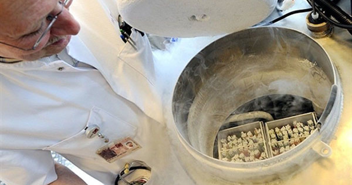 Нідерланди, Амстердам. Технік відкриває посуд, який містить жіночі заморожені яйцеклітини. З сьогоднішнього дня у Нідерландах жінки зможуть заморожувати свої яйцеклітини, наприклад, з медичних причин, у випадку, коли жінка страждає на рак. / © AFP