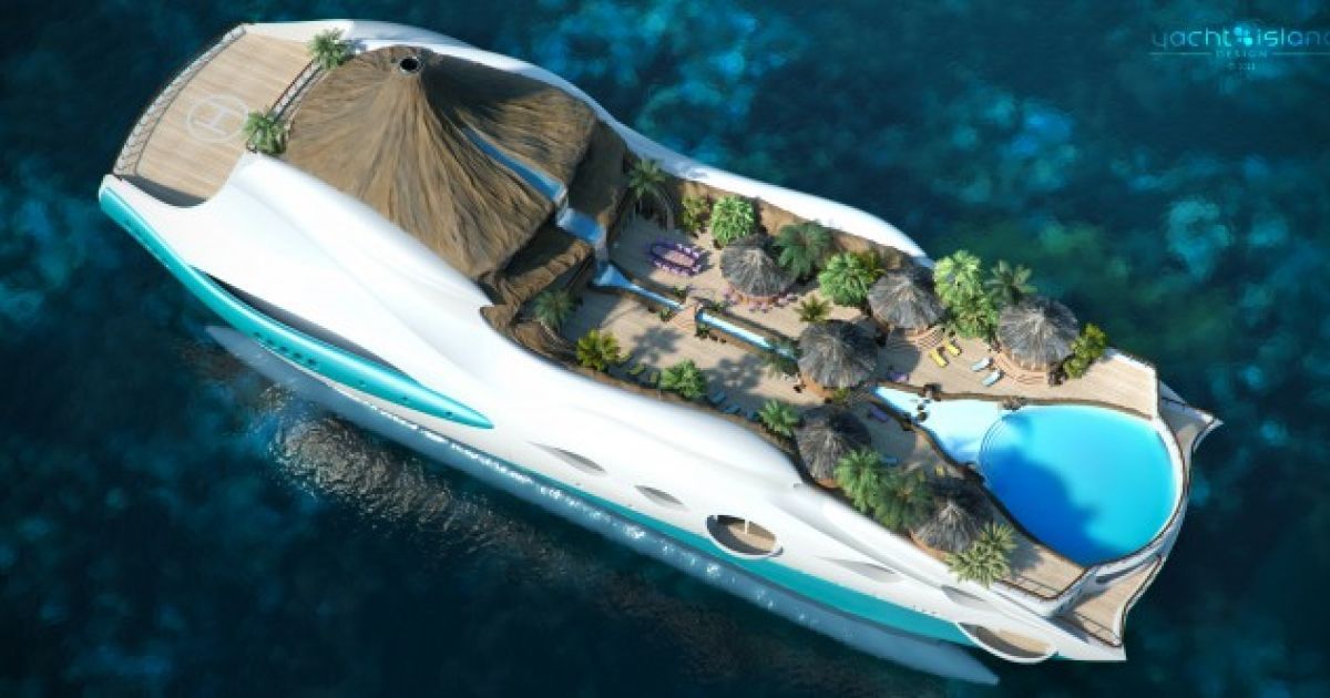 Розкішна 90-метрова яхта-острів Tropical Island Paradise Superyacht з пляжем, басейном і вулканом.