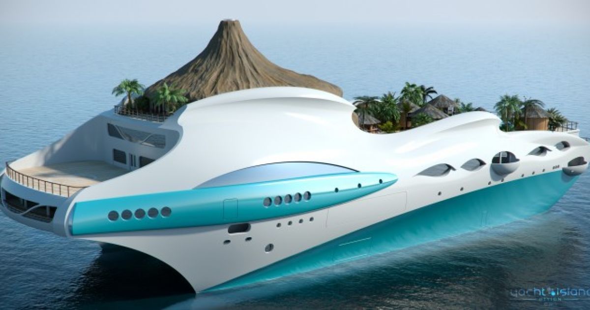 Розкішна 90-метрова яхта-острів Tropical Island Paradise Superyacht з пляжем, басейном і вулканом.