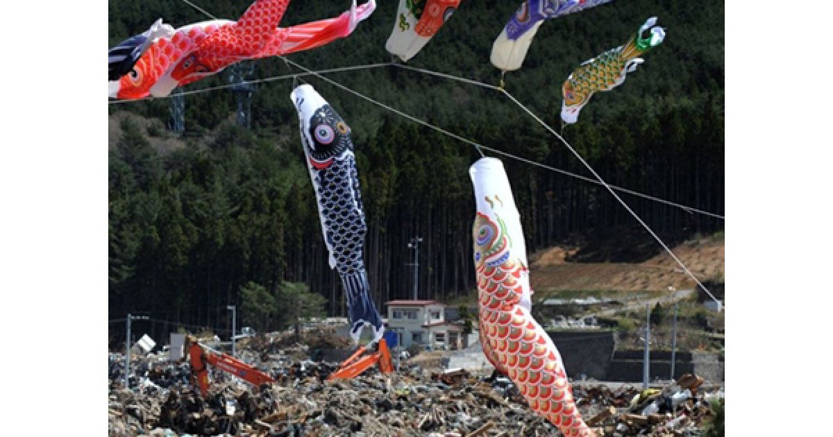 Японія, Ямада. Традиційні ліхтарики у формі коропів, якими прикрашають вулиці та домівки на честь Дня захисту дітей, розвішені над руїнами будинків у Ямаді. Внаслідок землетрусу та цунамі, яке сталося 11 березня, загиблими та зниклими без вісти вважаються 26 тисяч людей. / © AFP