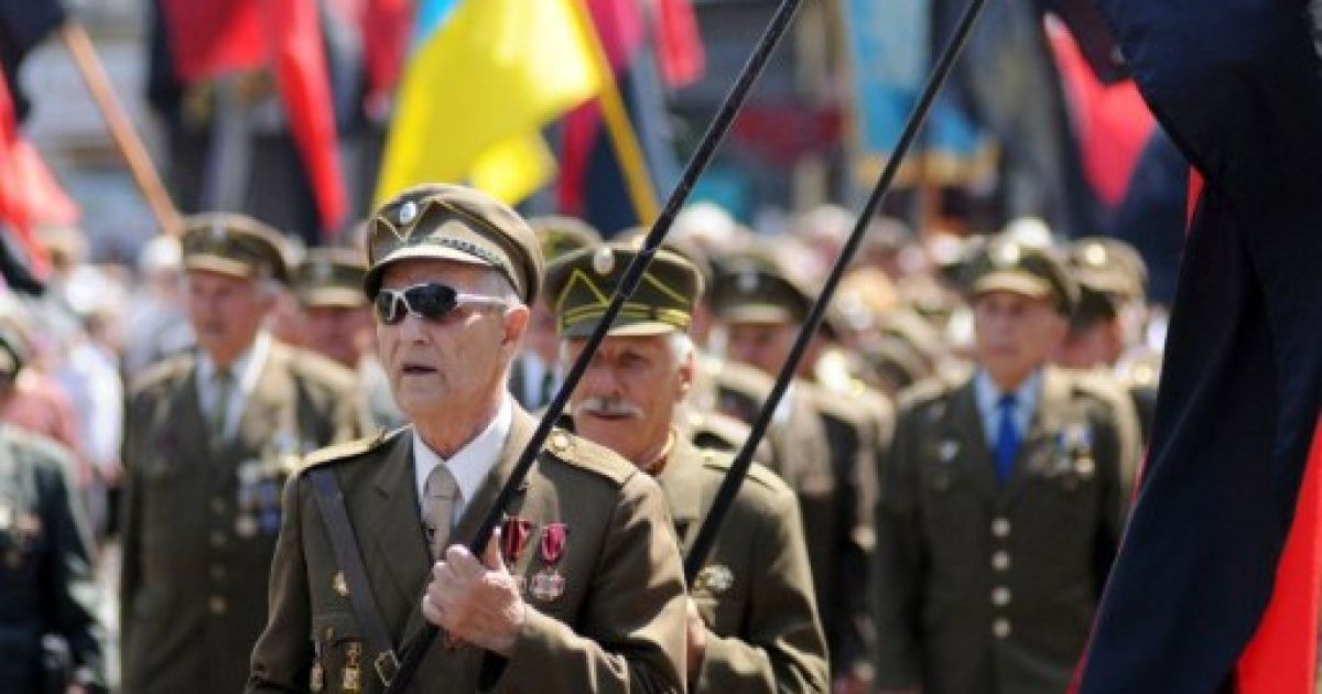 Україна, Львів. Ветерани націоналістичної організації України несуть прапори під час мітингу з нагоди проведення неофіційного Дня Героїв у Львові. / © AFP