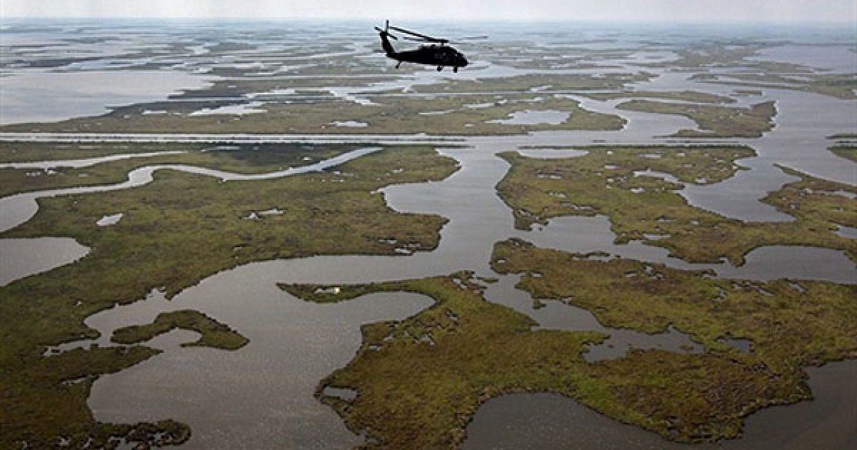 США, штат Луїзіана. Гелікоптер Blackhawk Національної гвардії Луїзіани пролітає над болотами. Через рік після катастрофічного розливу нафти з платформи ВР, узбережжя і пляжі ще вкриті мулом. Компанія BP стверджує, що більшу частину нафти було зібрано. / © AFP