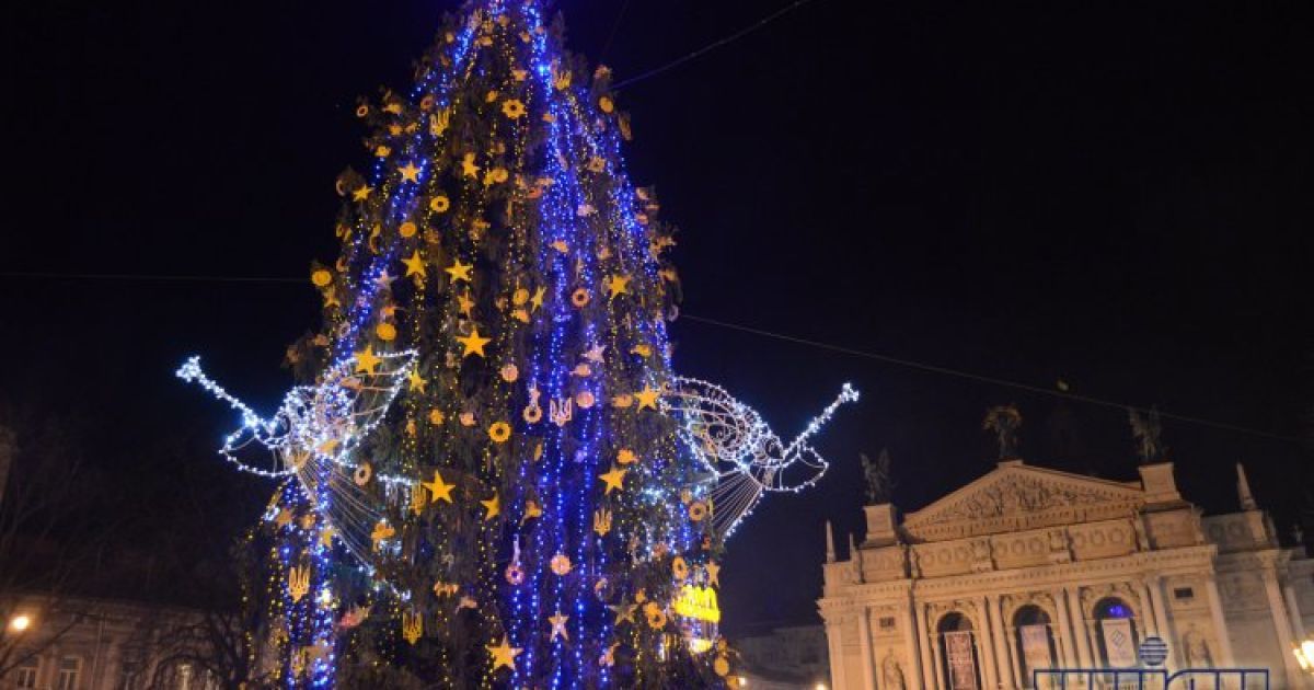 Новорічну красуню прикрасили гірляндами с символом ЄС та українським гербом.