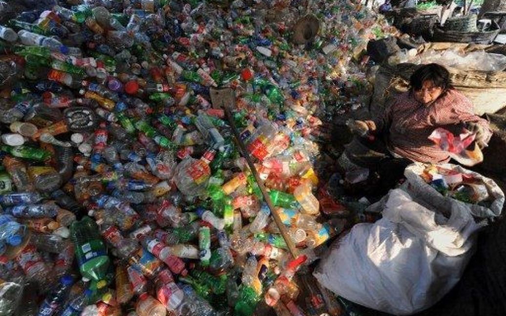 Китай, Хефей. Робочі розбирають пластикові пляшки в центрі утилізації у Хефеї. Китай, з мільярдним населенням, має величезні обсяги відходів. Але переробна промисловість Китаю є також найбільшим у світі імпортером відходів. Пластик перероблюють у нові продукти та відправляють їх у західні країни. / © AFP