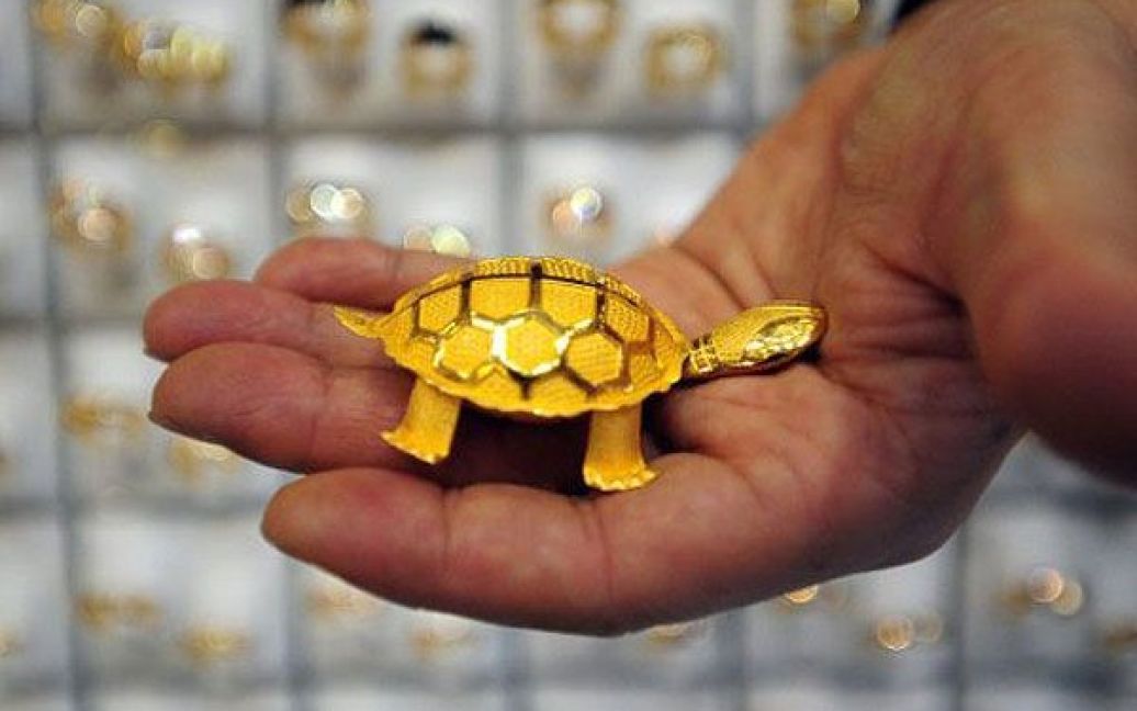 Республіка Корея, Сеул. Співробітник ювелірного магазину показує черепаху, вироблену із золота. Ціна на золото у світі досягла рекордного високо рівня у 1816 доларів США за унцію. / © AFP