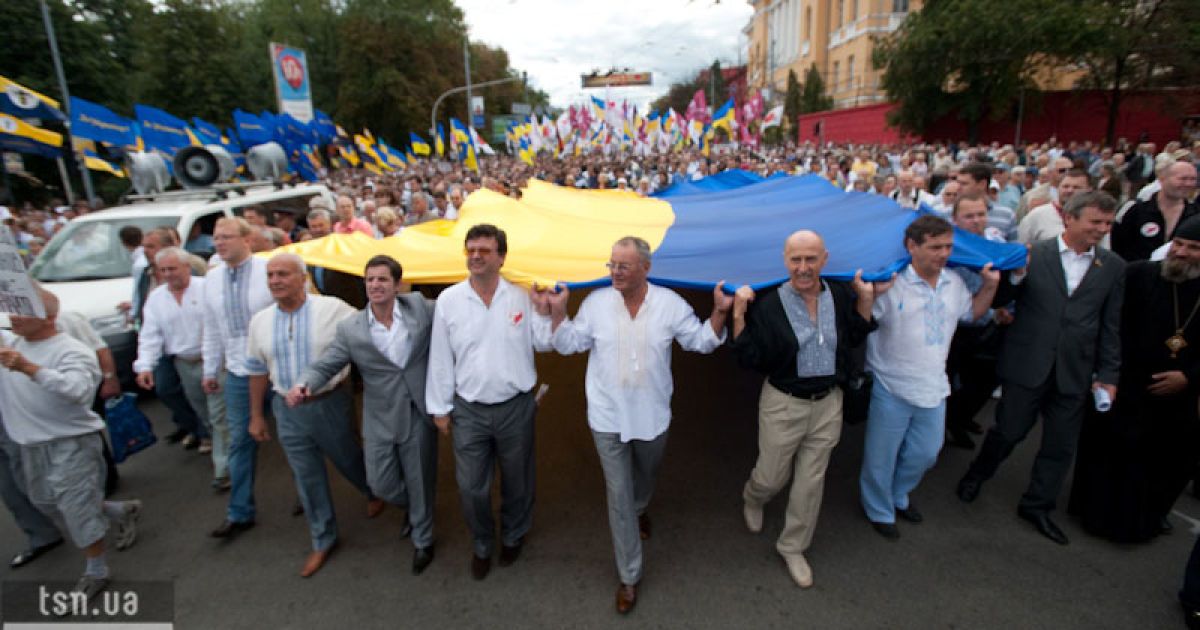В мітингу опозиції взяли участь представники партій "Свобода", "Батьківщина", "Фронт Змін", КУН, які тримали прапори своїх політичних партій і державні прапори.
