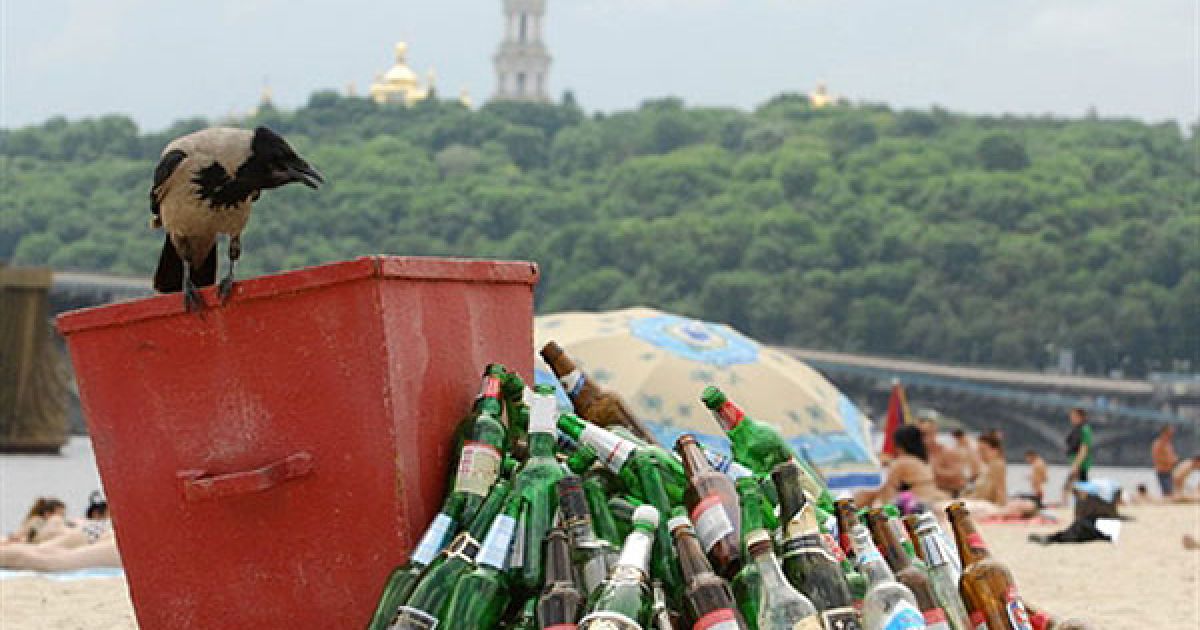 Україна, Київ. Ворона сидить на сміттєвому баку на одному з пляжів у центрі Києва на Дніпрі, заваленому порожніми пляшками та іншим сміттям / © AFP