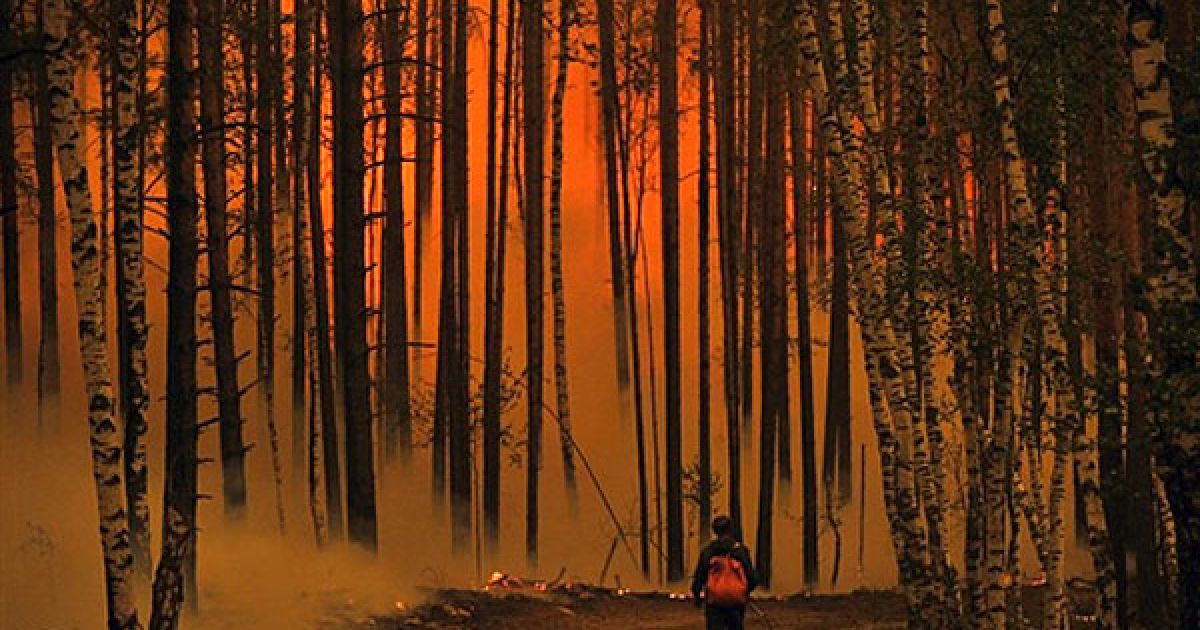 Росія, Голованово. Чоловік йде палаючим лісом неподалік від села Голованово, Рязанська область. Росія потерпає від найгірших лісових пожеж у своїй сучасній історії, в результаті яких вже загинуло 50 людей. Президент Росії Дмитро Мєдвєдєв звільнив кілька вищих військових офіцерів за халатне ставлення до катастрофи. / © AFP