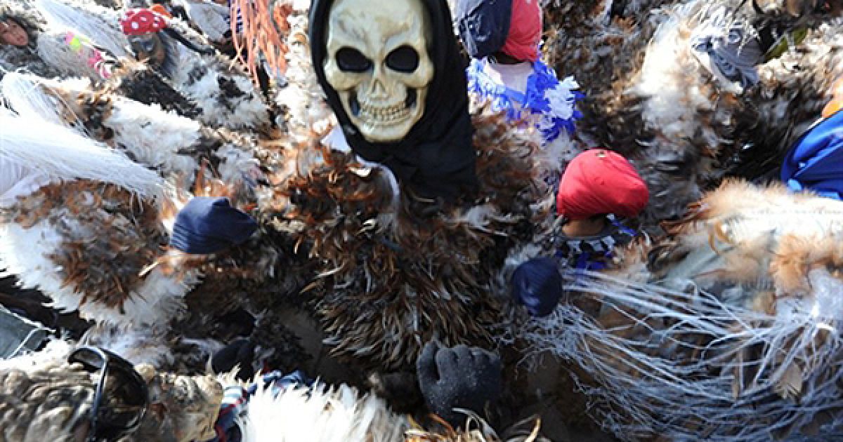 24.07. Люди, вдягнені у костюми з курячого пір&rsquo;я, святкують День Святого Франциска у Ембоскаді, Парагвай.