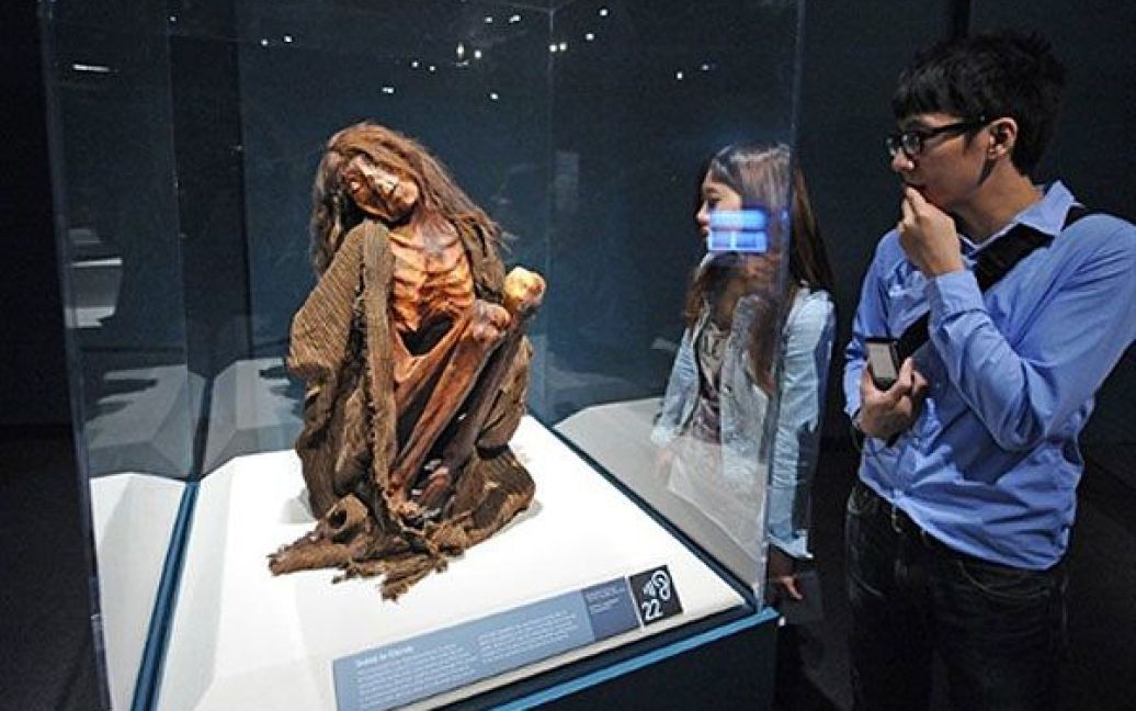 США, Лос-Анджелес. Відвідувачі роздивляються мумію дорослої жінки з давнього Перу, датовану 13 століттям, під час прес-показу виставки "Мумії світу" у Каліфорнійському науковому центрі в Лос-Анджелесі. Виставка "Мумії світу" стане найбільшою подібною виставкою, на ній буде представлено колекцію зі 150 зразків мумій з Південної Америки, Європи, Азії, Океанії і Єгипту. / © AFP