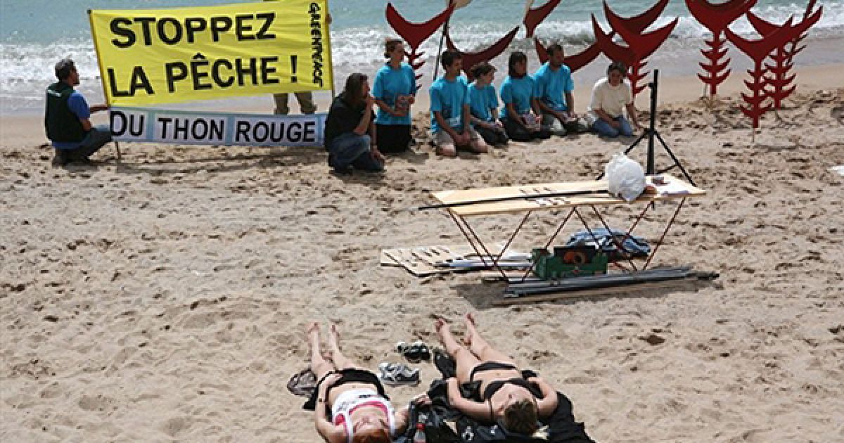 15.05. Активісти природоохоронної організації Greenpeace влаштували акцію проти полювання на червоного тунця на пляжі Канн. / © AFP