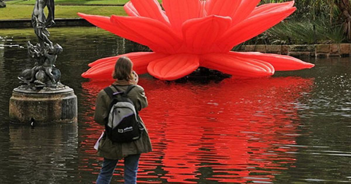 Австралія, Сідней. Жінка фотографує інсталяцію південно-корейського художника і дизайнера Чхве Чон Хва на озері у Королівському ботанічному саду на бієнале у Сіднеї. Інсталяція з пластикових і надувних моторних установок називається "Нестерпна легкість буття" і є складовою частиною бієнале сучасного мистецтва, що проходитиме у Сіднеї з 12 травня до 1 серпня. На бієнале у Сіднеї демонструватимуться більше 440 робіт 166 художників з 36 країн світу. / © AFP